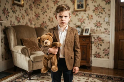Jeune garçon déguisé en Mini Mr. Bean avec veste en tweed marron et nounours sous le bras dans un salon britannique vintage