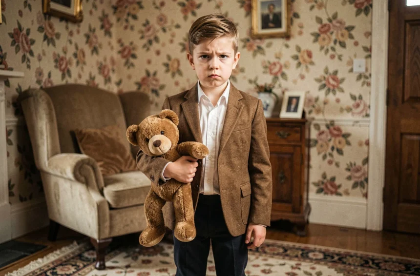Jeune garçon déguisé en Mini Mr. Bean avec veste en tweed marron et nounours sous le bras dans un salon britannique vintage