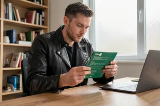 Motard examinant sa carte verte d'assurance moto à son bureau à domicile