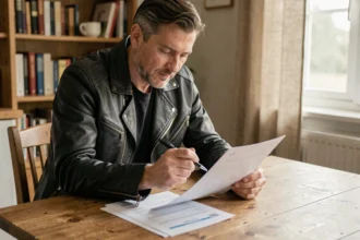 Motard en veste de cuir comparant des documents d'assurance moto à domicile pour trouver une promotion sans perdre ses garanties