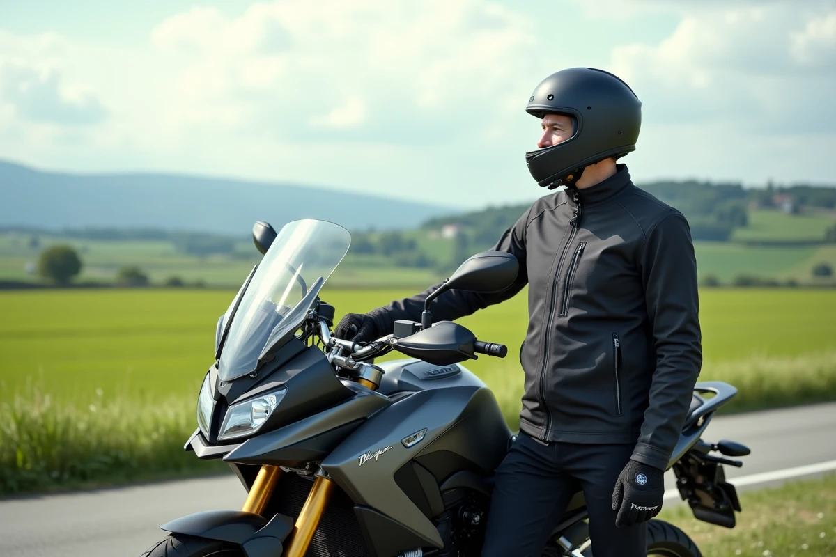 Motard en gear de protection à côté d'une moto moderne dans la campagne