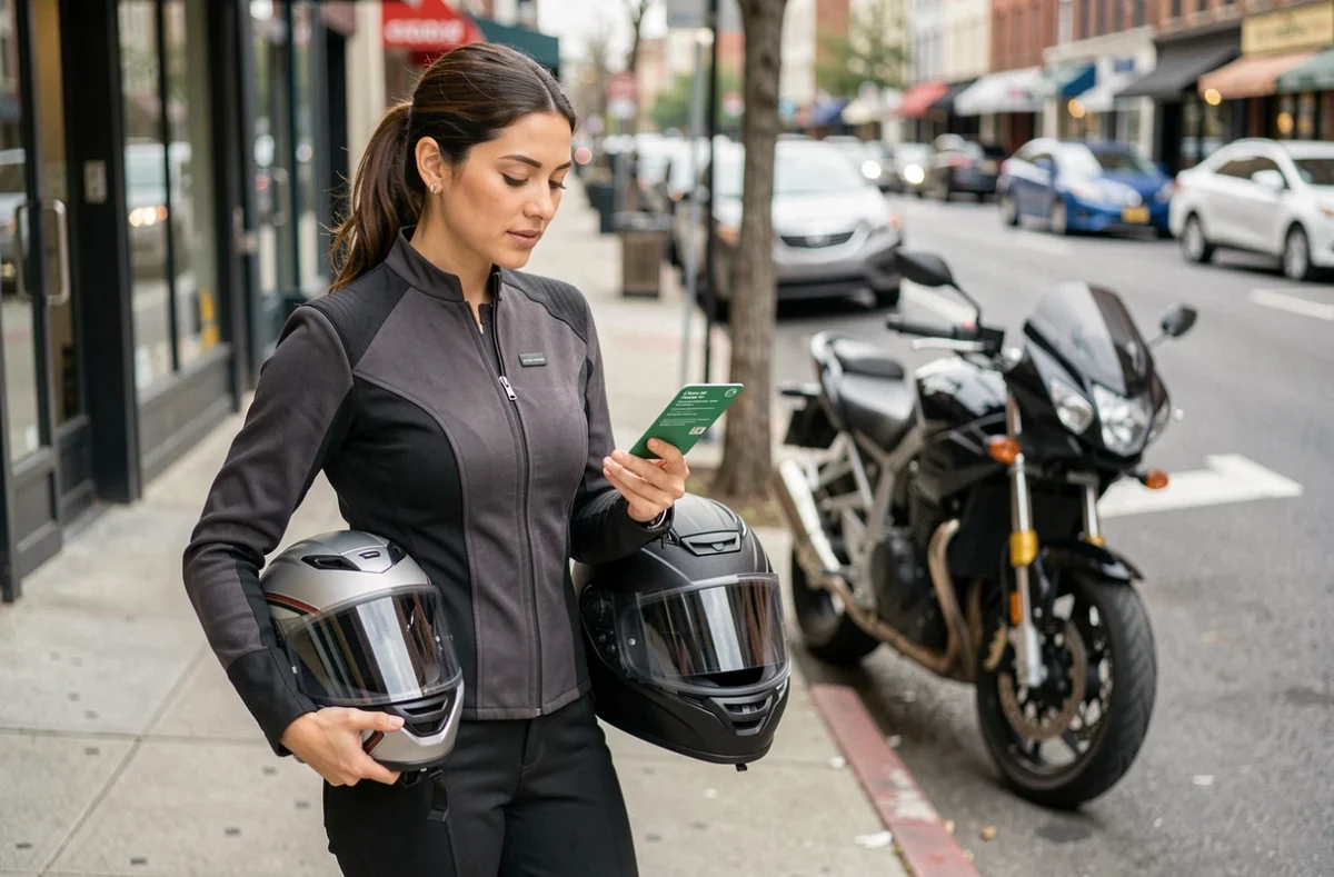 Motarde vérifiant sa carte verte d'assurance moto avant de prendre la route en ville