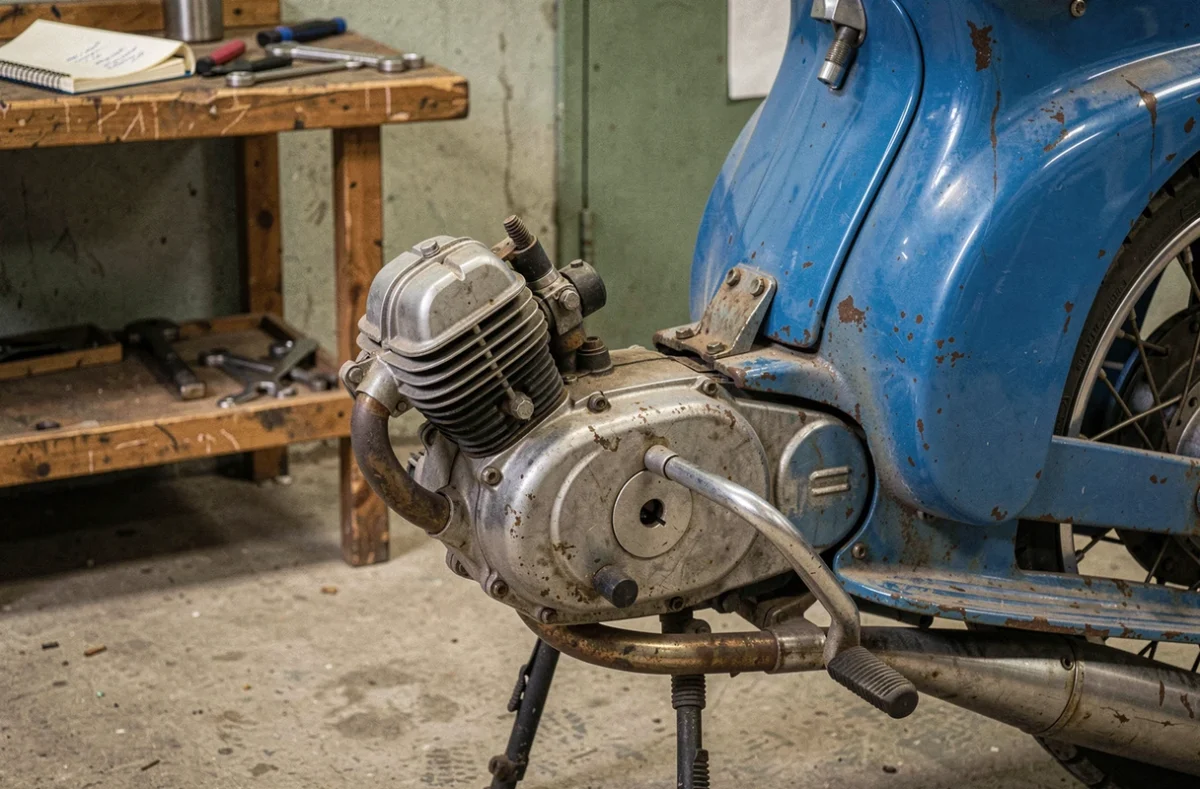 Gros plan sur le moteur et le cadre d'une Peugeot 103 SP bleue d'occasion dans un atelier, révélant la patine et l'usure caractéristiques