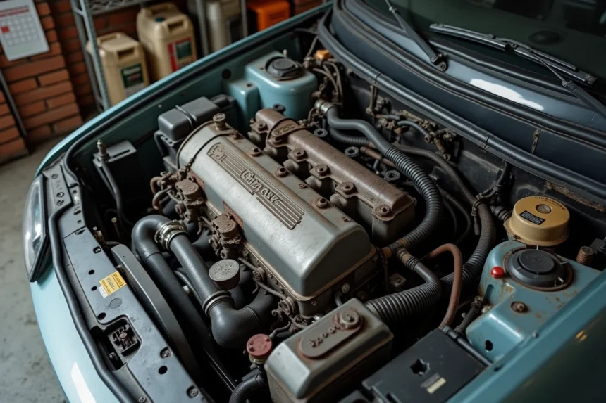 Moteur 1.6 TDI usagé dans un atelier de mécanique indépendant, révélant les signes du temps et les effets potentiels du dieselgate sur la fiabilité