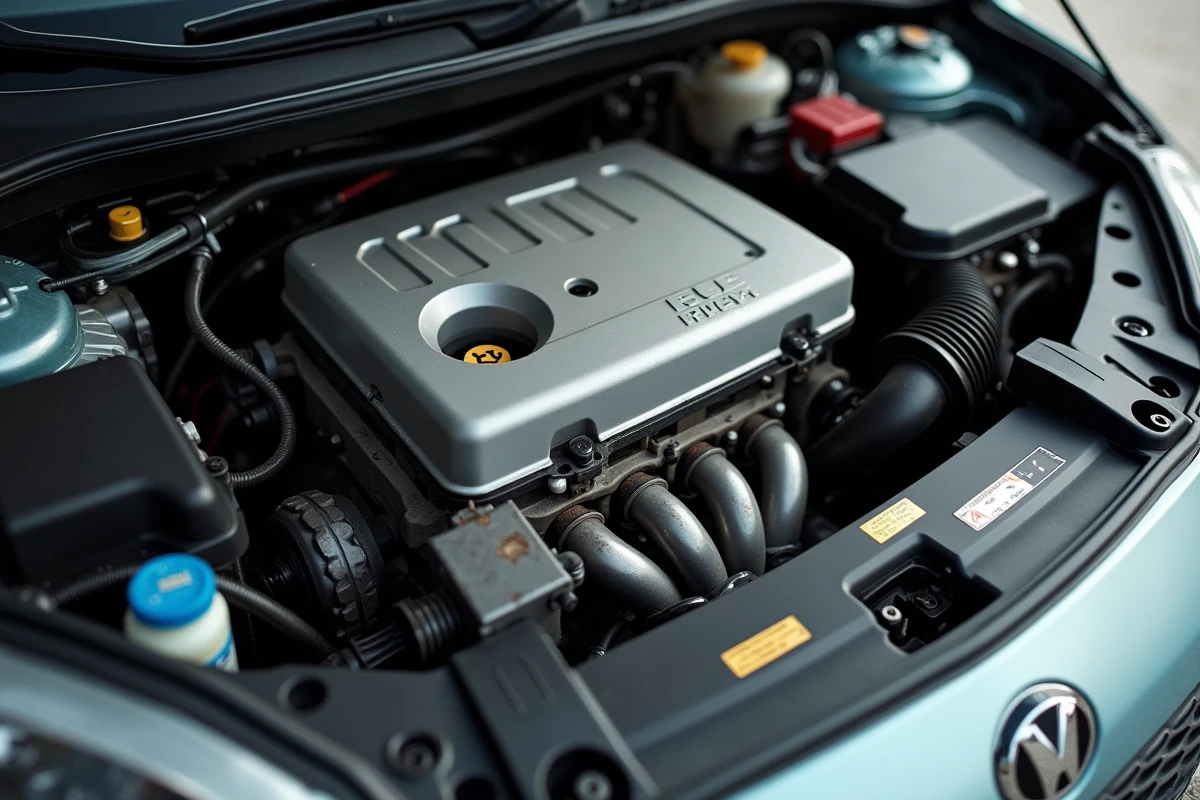 Vue rapprochée d'un moteur à essence de voiture compacte avec ses composants visibles, illustrant l'usure mécanique à régime élevé