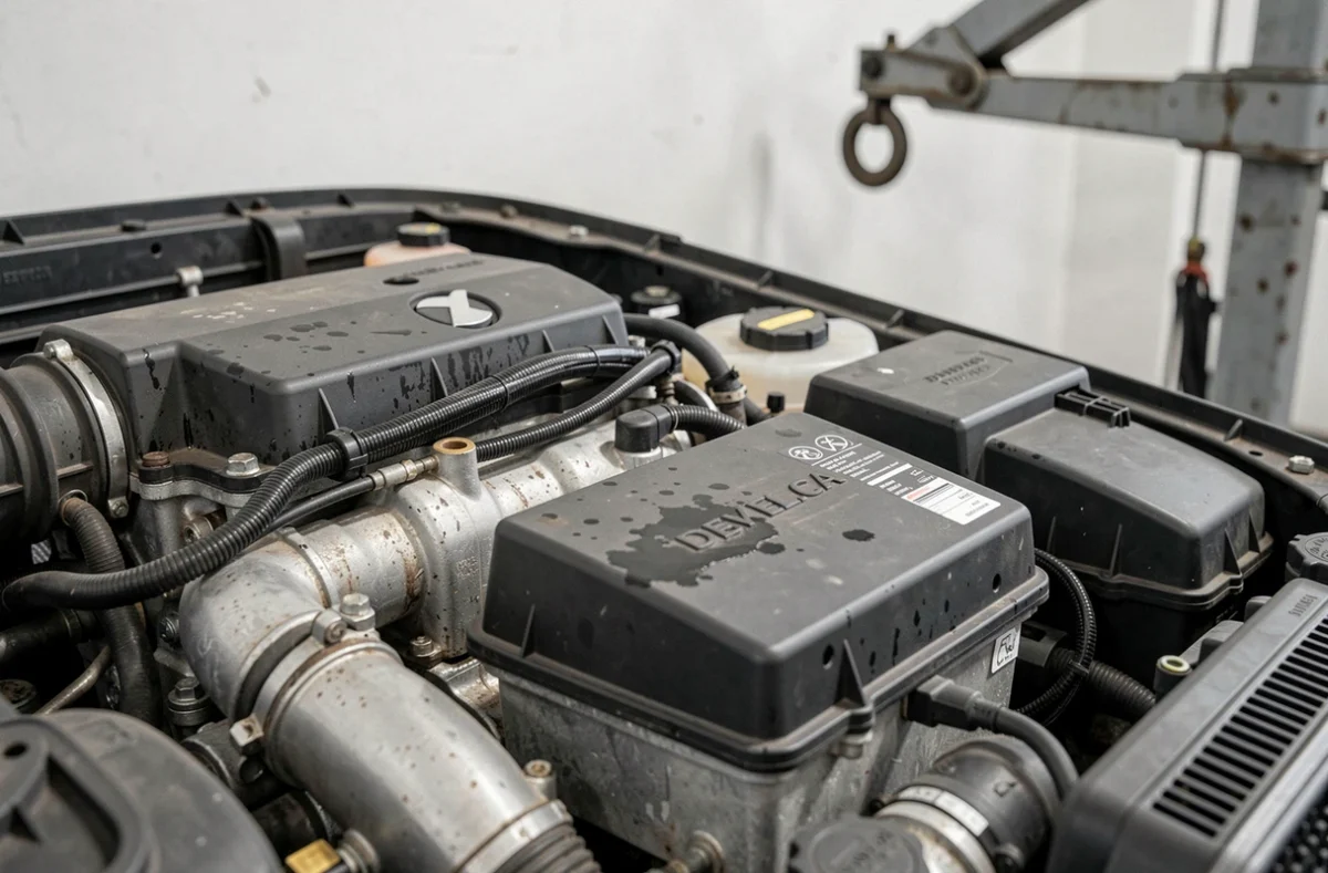 Gros plan sur le moteur 1.2 PureTech d'une Peugeot 208 VTi avec faisceau de câblage et calculateur moteur visibles