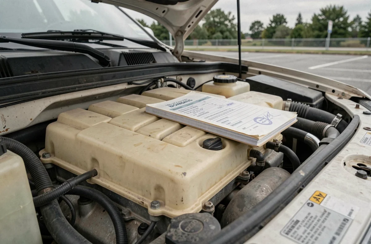Compartiment moteur d'une voiture essence fiable des années 2000 avec carnet d'entretien complet