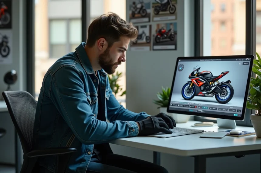 Jeune homme en denim customise une moto sur tablette