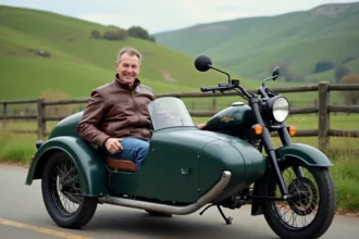 Homme en situation de handicap assis dans un side-car adapté accroché à une moto de tourisme sur une route de campagne