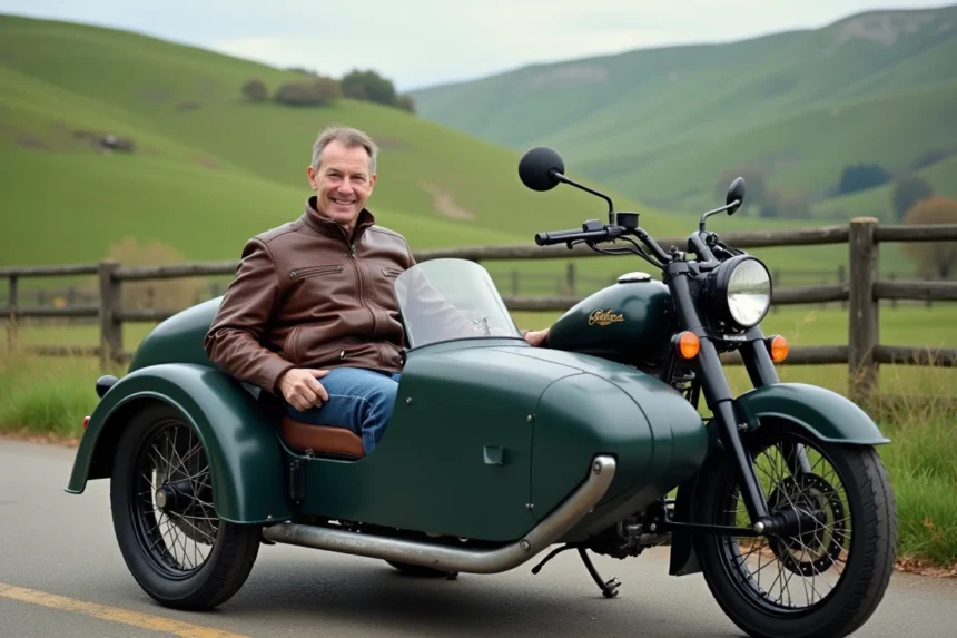 Homme en situation de handicap assis dans un side-car adapté accroché à une moto de tourisme sur une route de campagne