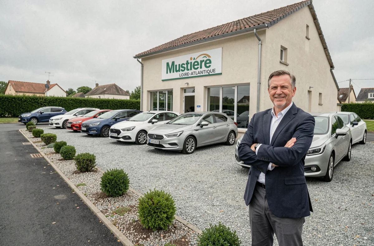 Façade de la concession Mustière Automobiles en Loire-Atlantique avec véhicules exposés et concessionnaire en avant-plan