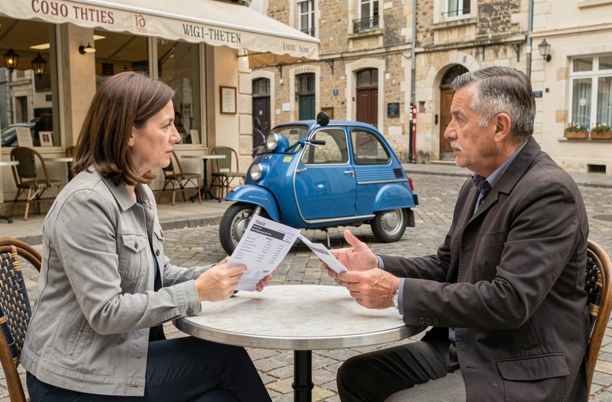 Négociation du prix d'une Peugeot 103 SP bleue d'occasion entre une acheteuse et un vendeur en terrasse de café en ville
