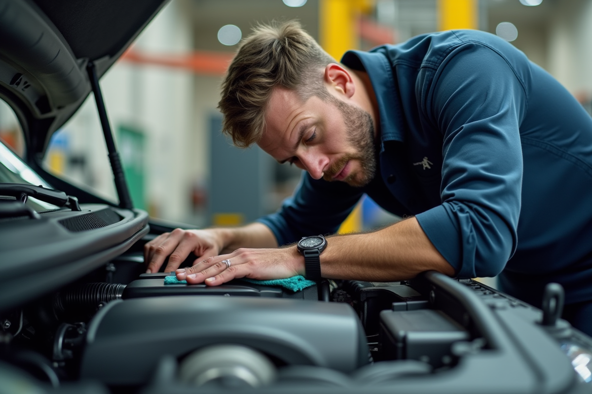 Homme nettoyant le moteur d'une Peugeot Partner Tepee en plein jour