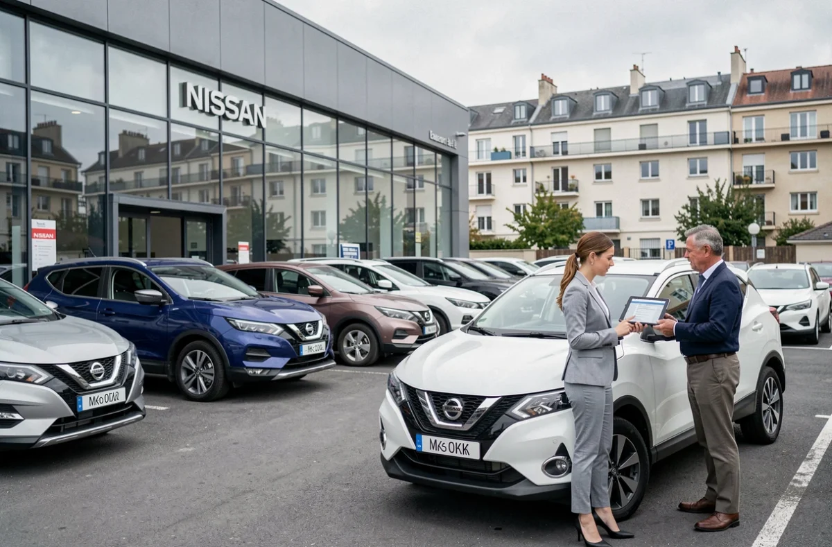 Concessionnaire Nissan à Charenton avec une conseillère présentant des informations sur tablette à un client devant un Qashqai d'occasion