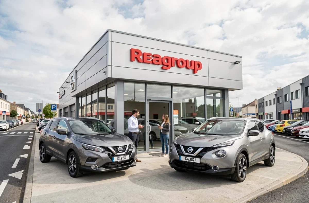 Concession Nissan Nantes Reagroup avec véhicules Nissan exposés sur le parvis et personnel d'accueil