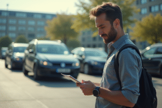 Homme suspect discret observant voitures en parking urbain
