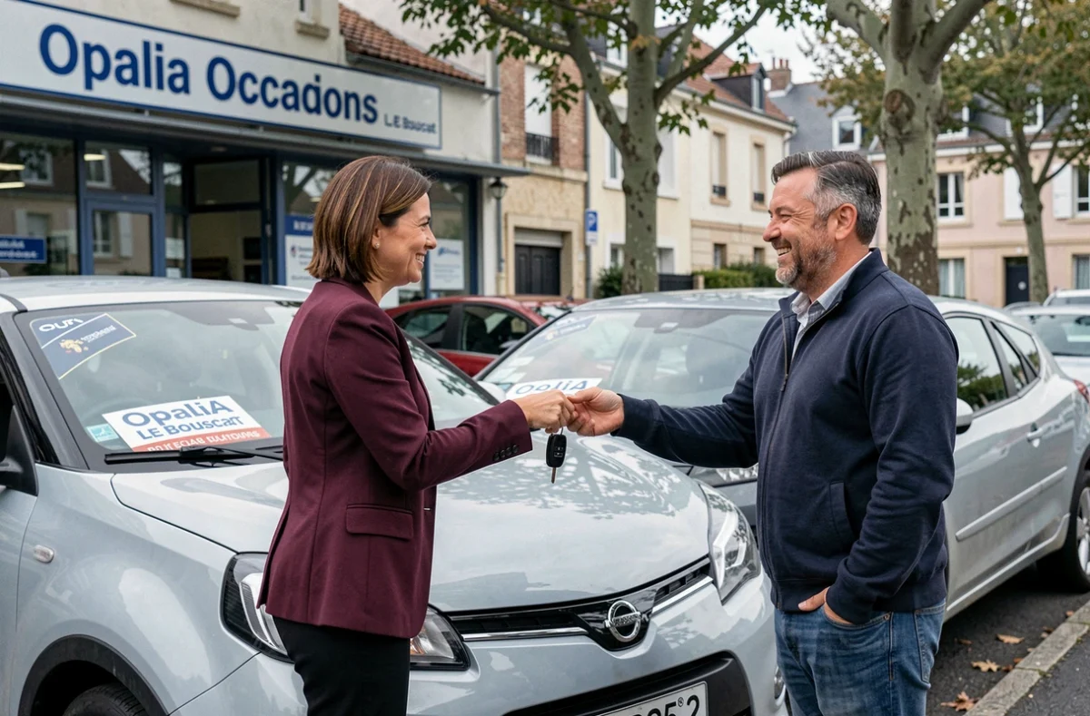 Remise de clés à un client devant un SUV d'occasion chez Opalia Occasions au Bouscat près de Bordeaux
