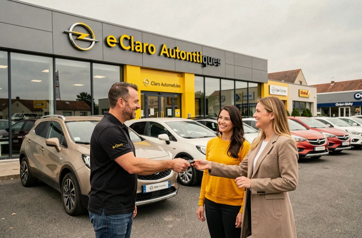 Concession Opel Claro Automobiles avec remise de clés d'un vendeur à une cliente satisfaite devant les véhicules