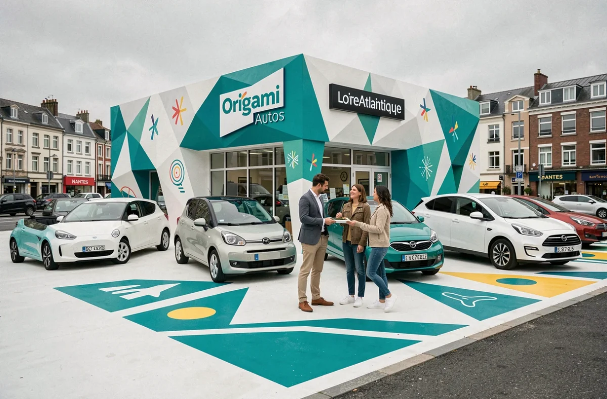 Devanture originale et colorée de la concession Origami Autos en Loire-Atlantique avec véhicules compacts exposés