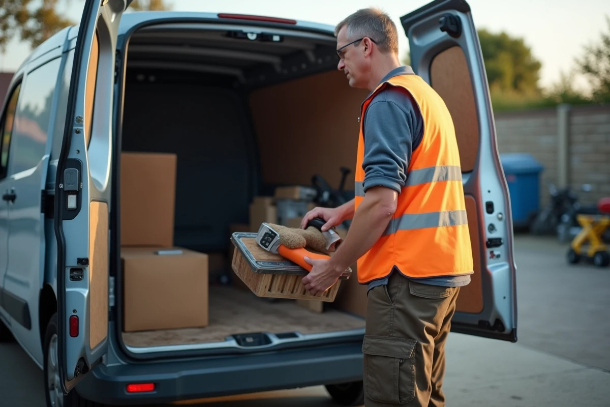 Ouvrier déchargeant outils d’un van en zone industrielle