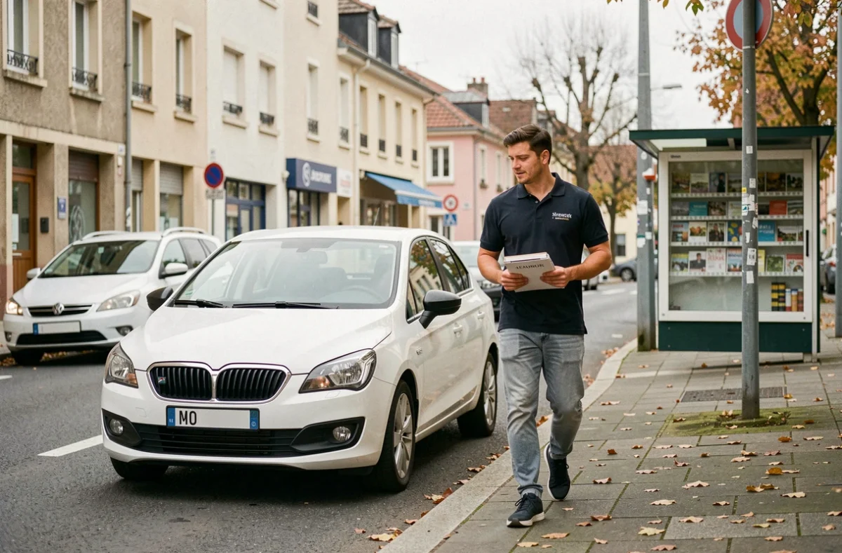 Un moniteur de Pada Permis à Alfortville accompagnant un élève vers une voiture école dans une rue commerçante