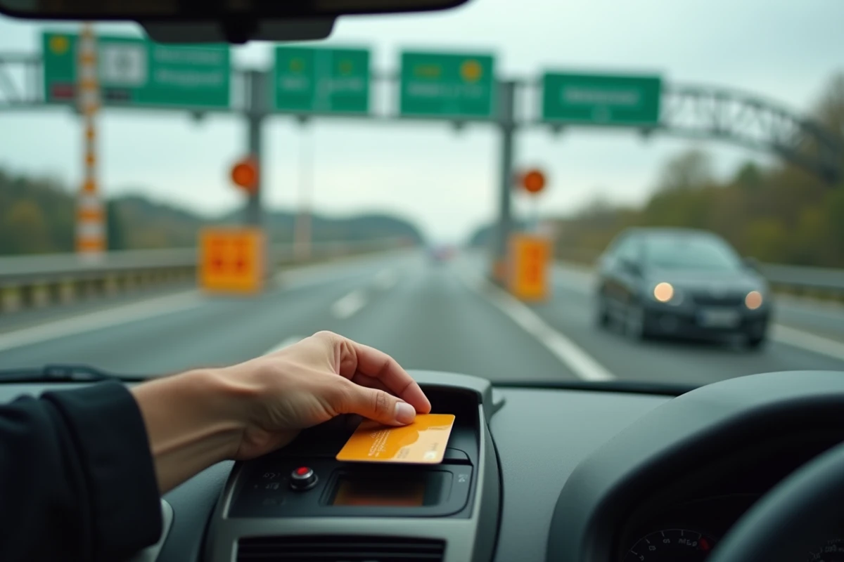 Main d'un conducteur insérant une carte bancaire dans un terminal de péage autoroutier en France