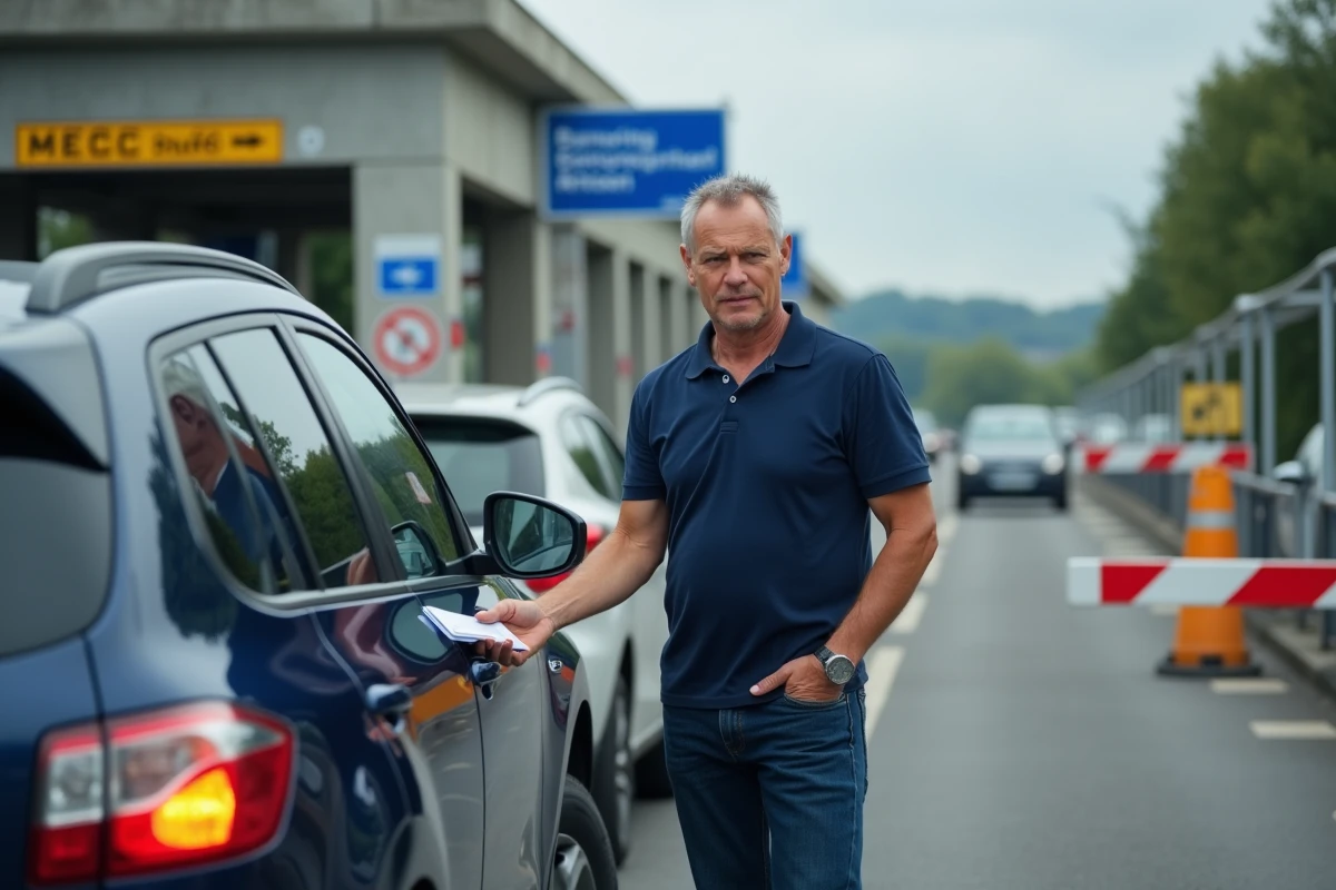 Conducteur présentant ses documents à un poste frontière européen lors d'un voyage en voiture