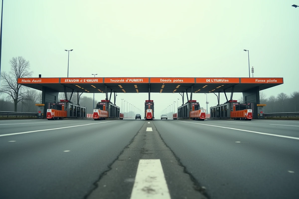 Péage d'autoroute en France avec barrières et panneaux de tarification