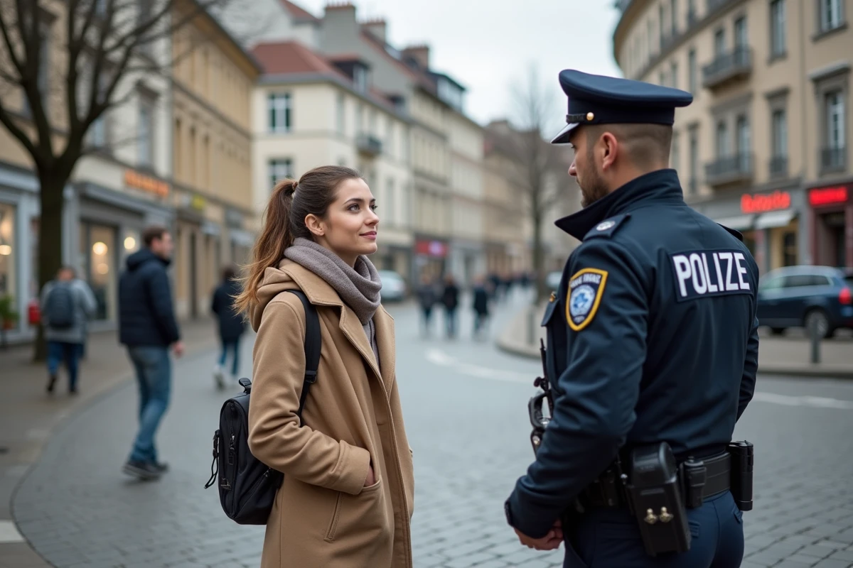 Femme piétonne parlant avec un policier à Chambéry