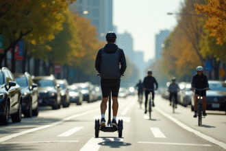 Personne roulant en scooter électrique dans une voie dédiée en ville