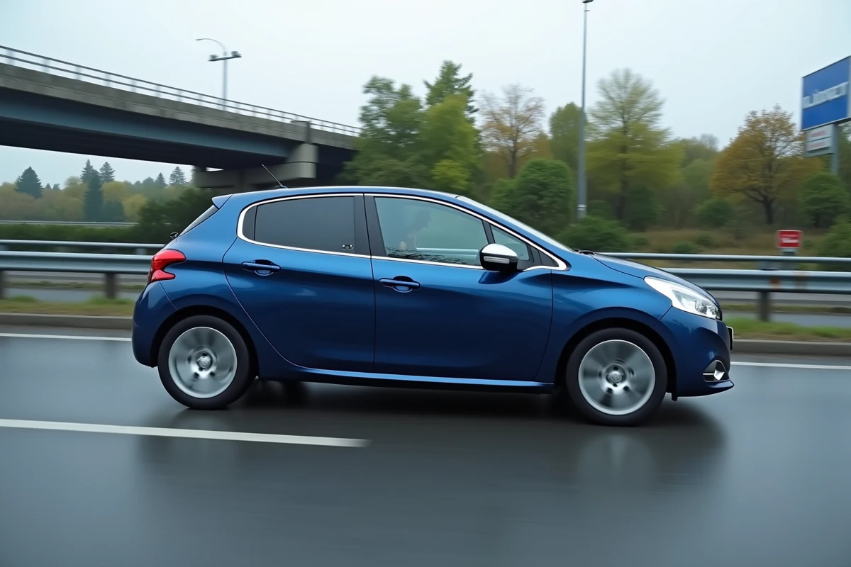 Peugeot 208 bleue en mouvement sur une bretelle d'autoroute, prise de vue filée profil