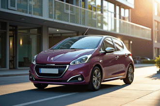 Voiture Peugeot 208 électrique en ville en journée