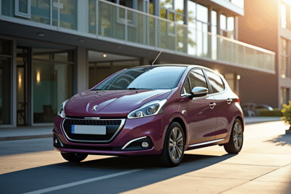Voiture Peugeot 208 électrique en ville en journée