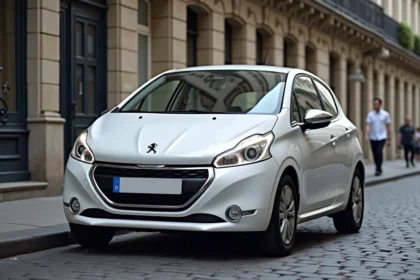 Peugeot 208 1.2 PureTech blanche garée dans une rue pavée parisienne, vue trois quarts avant