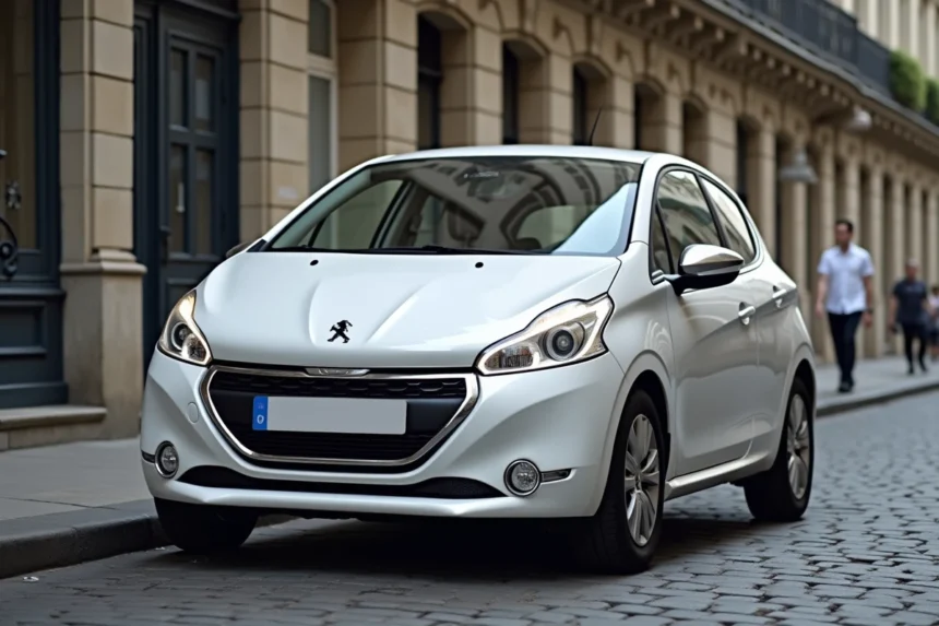 Peugeot 208 1.2 PureTech blanche garée dans une rue pavée parisienne, vue trois quarts avant
