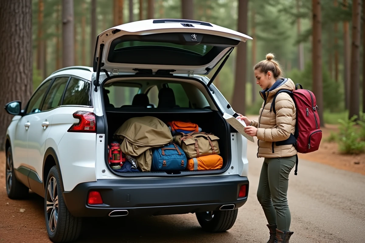 Peugeot 3008 chargé de matériel de randonnée avec coffre ouvert en forêt