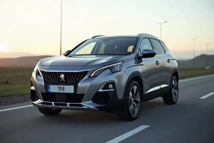 Peugeot 3008 Hybrid garé sur une aire d'autoroute française avec paysage de campagne en arrière-plan