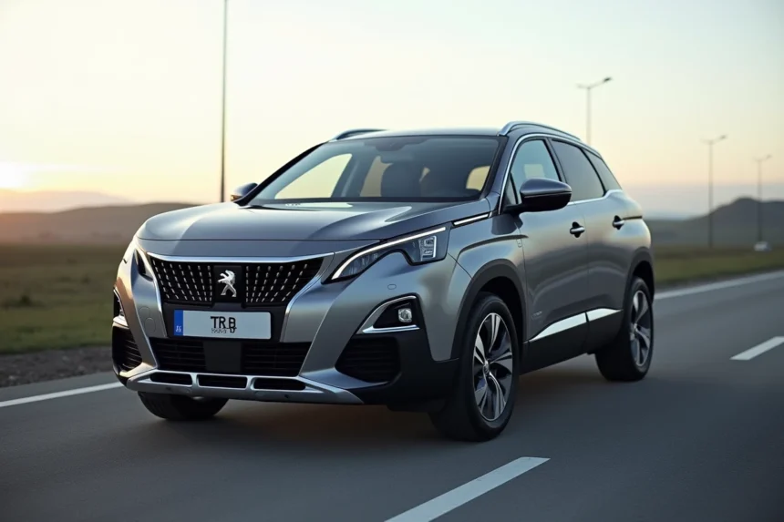 Peugeot 3008 Hybrid garé sur une aire d'autoroute française avec paysage de campagne en arrière-plan