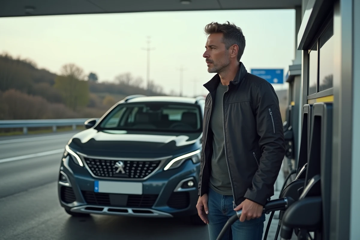 Conducteur faisant le plein de son Peugeot 3008 Hybrid à une station-service d'autoroute en France