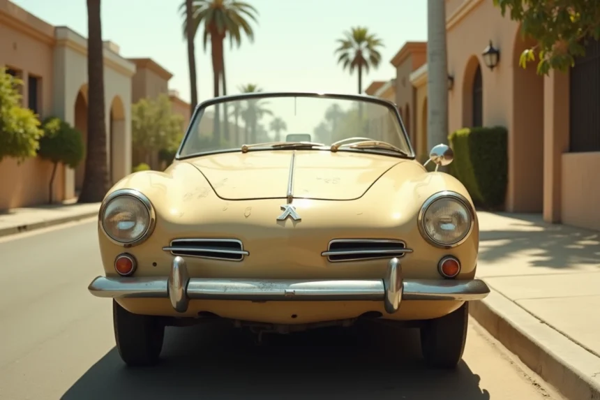 Peugeot 403 cabriolet beige vintage authentique garée dans une rue de Los Angeles, détails chrome et patine d'époque visibles