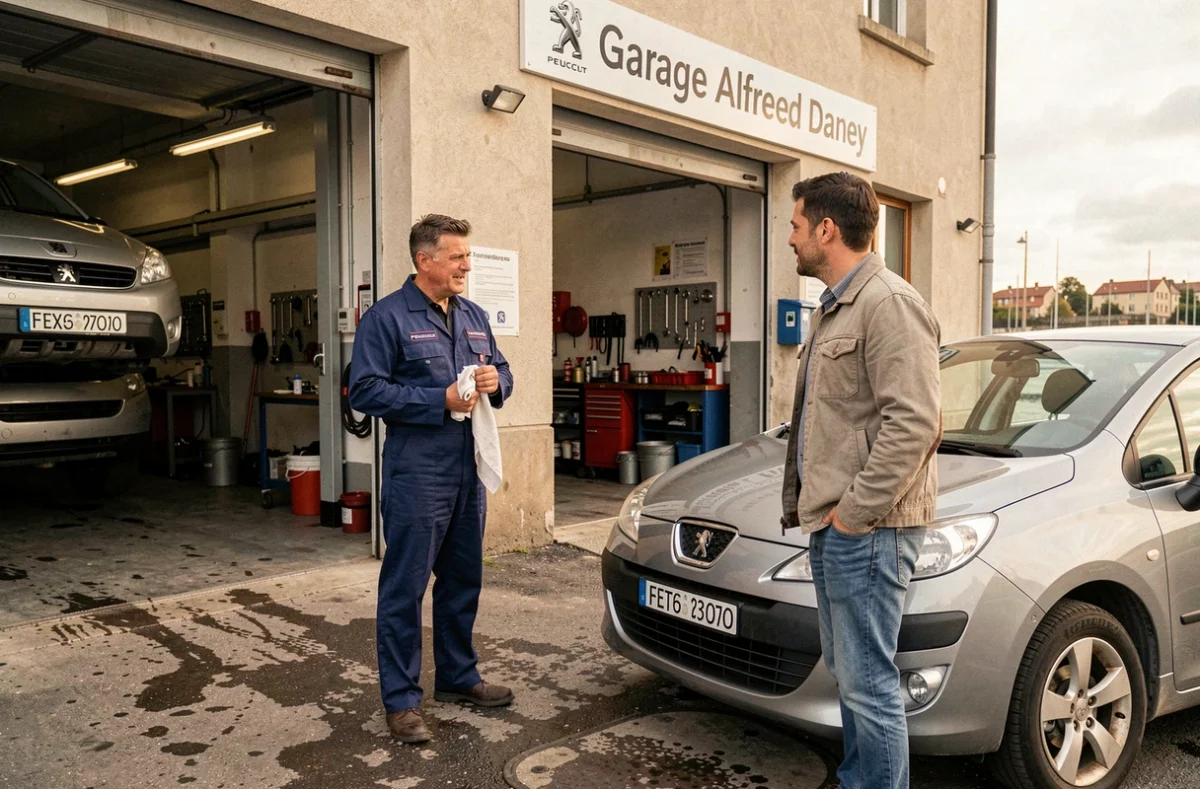 Mécanicien du Garage Peugeot Alfred Daney discutant avec un client devant une Peugeot 308 d'occasion à l'entrée de l'atelier