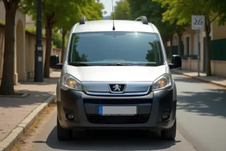 Peugeot Partner Tepee argent d'occasion garé dans une rue résidentielle française, vue 3/4 avant