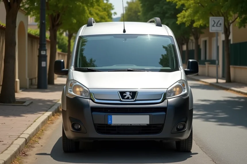 Peugeot Partner Tepee argent d'occasion garé dans une rue résidentielle française, vue 3/4 avant