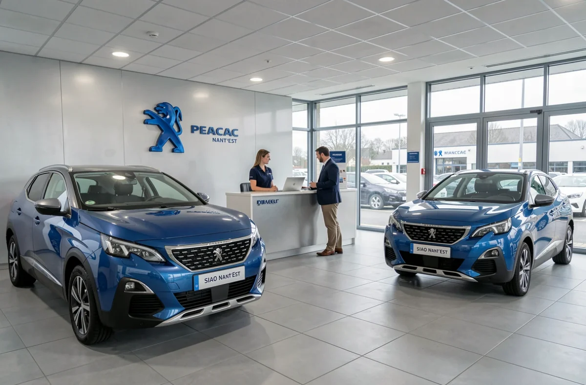 Intérieur du showroom Peugeot SIAO Nant'Est avec modèles récents exposés et personnel d'accueil