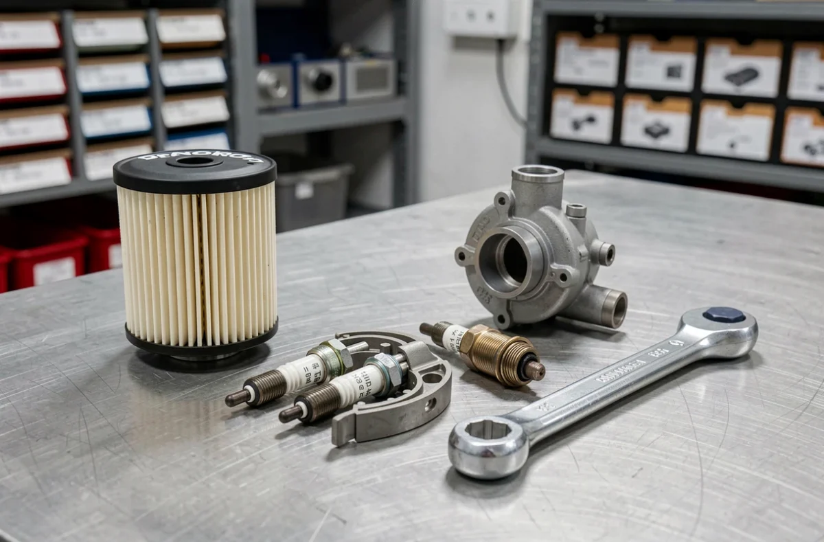 Pièces détachées de moteur TSI neuves disposées sur un établi d'atelier mécanique professionnel