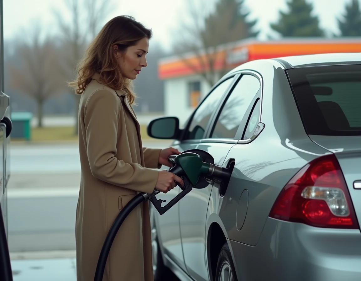 Femme faisant le plein de carburant d'une Chevrolet Impala argentée dans une station-service moderne