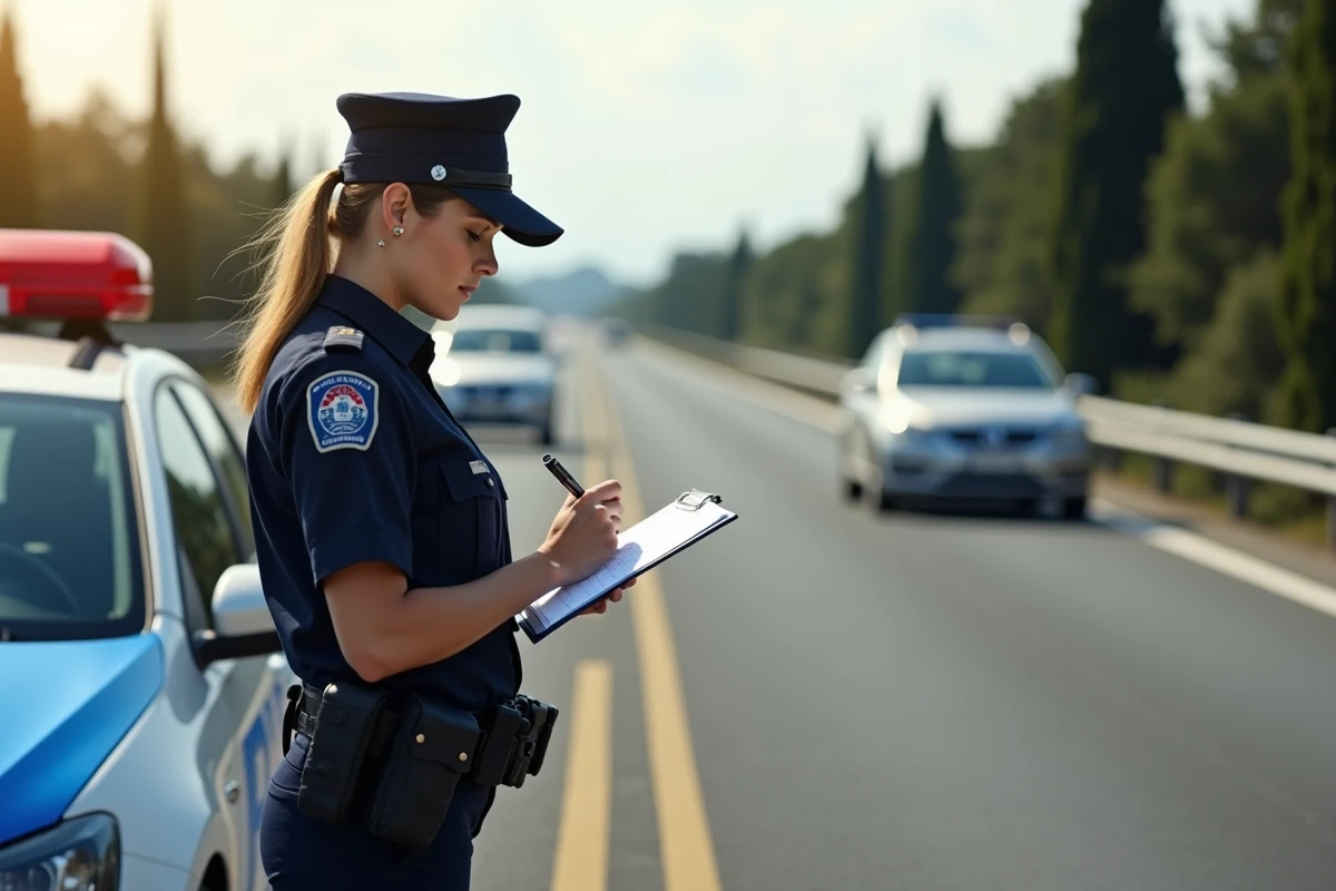 Policière de la Polizia Stradale rédigeant une contravention sur l'autoroute italienne