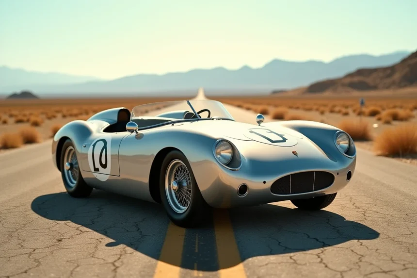 Réplique de la Porsche 550 Spyder argentée garée sur une route désertique californienne évoquant l'héritage de James Dean