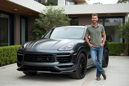 Homme confiant devant un Porsche Cayenne S Magnum