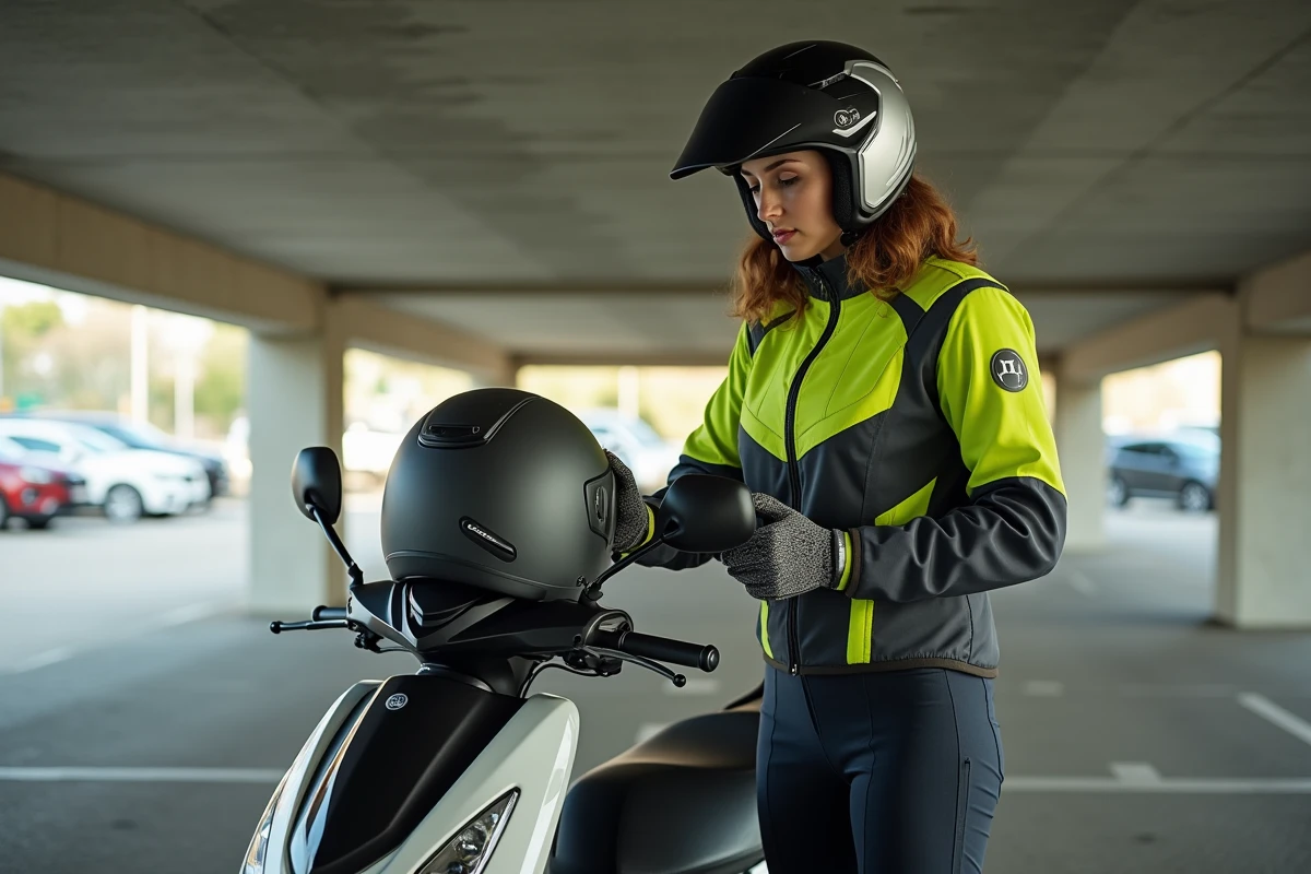 Jeune femme équipant ses gants de protection avant de prendre son scooter 125cc dans un parking